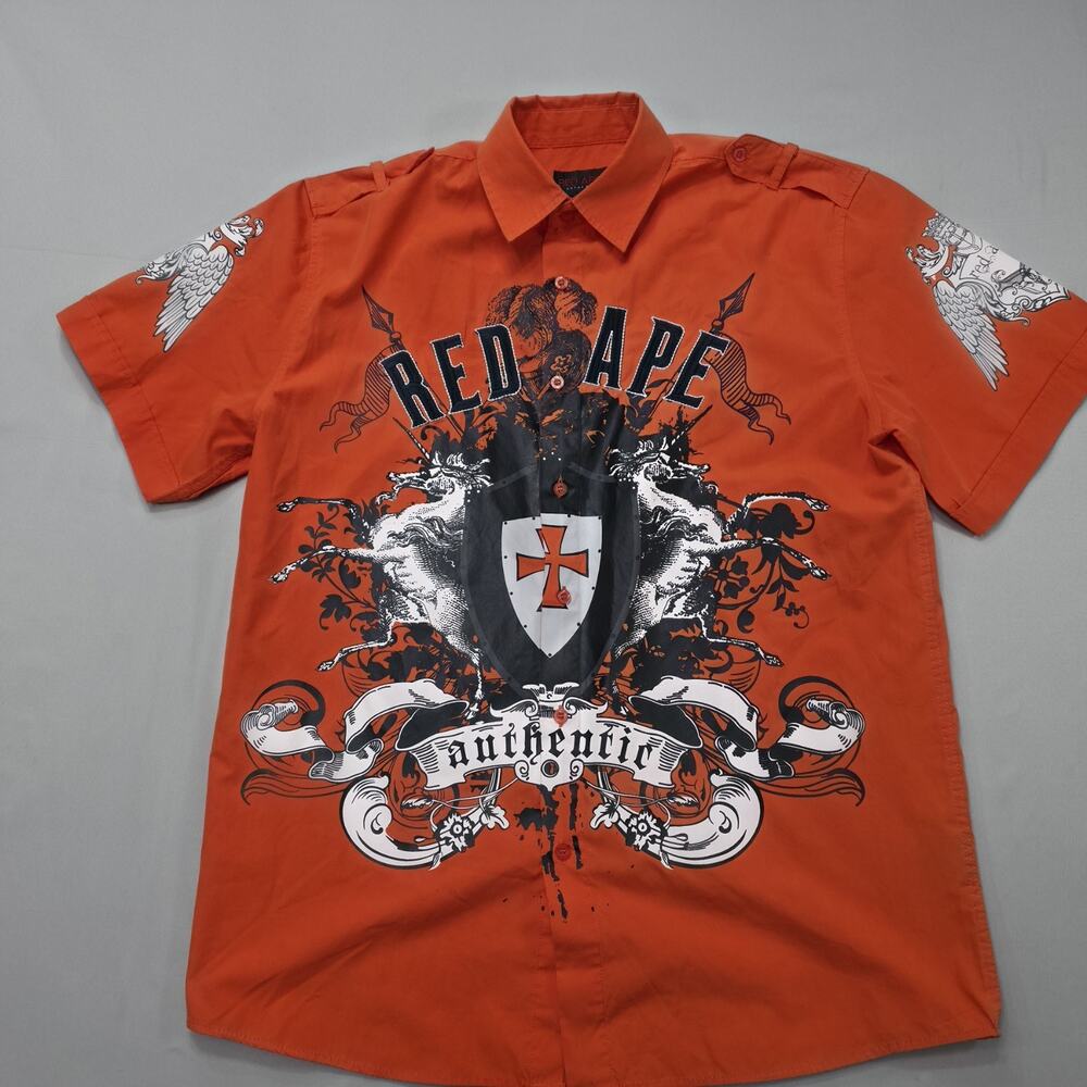 Red Ape Mens Graphic Button Up Shirt Large Streetwear Crest Print Short Sleeve